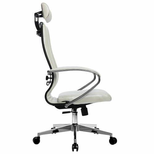 Кресло офисное МЕТТА "К-34" хром, рецик. кожа, подголовник, сиденье и спинка мягкие, белое фото 5