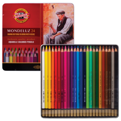 Карандаши цветные акварельные художественные KOH-I-NOOR "Mondeluz", 24 цв, заточен, металлич коробка фото 2