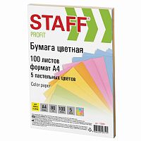 Бумага цветная STAFF, А4, 80 г/м2, 100 л., пастель, для офиса и дома