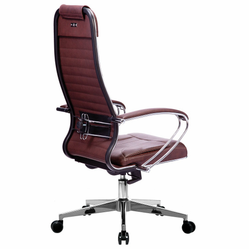 Кресло офисное МЕТТА "К-6" хром, рецик. кожа, сиденье и спинка мягкие, темно-коричневое фото 4