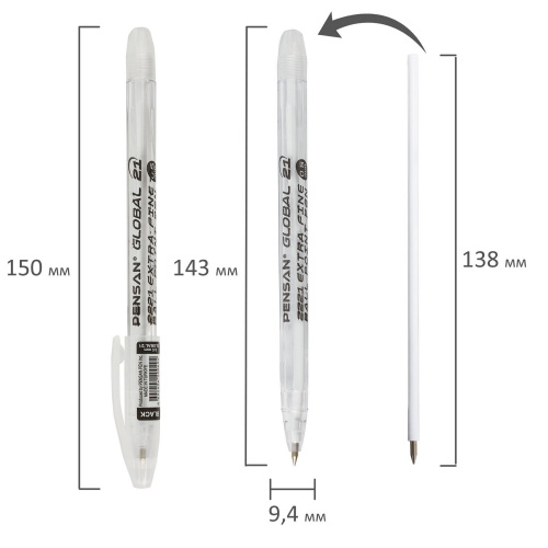Ручка шариковая масляная PENSAN "Global-21", корпус прозрачный, линия письма 0,3 мм, черная фото 3