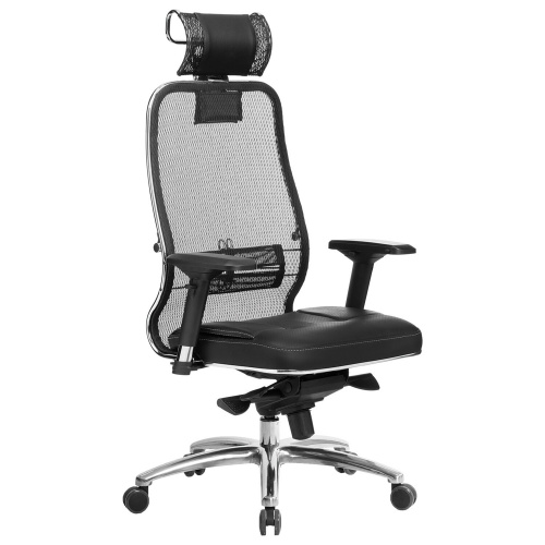 Кресло офисное МЕТТА "SAMURAI" SL-3.04, с подголовником, сверхпрочная ткань-сетка/кожа, черное фото 4