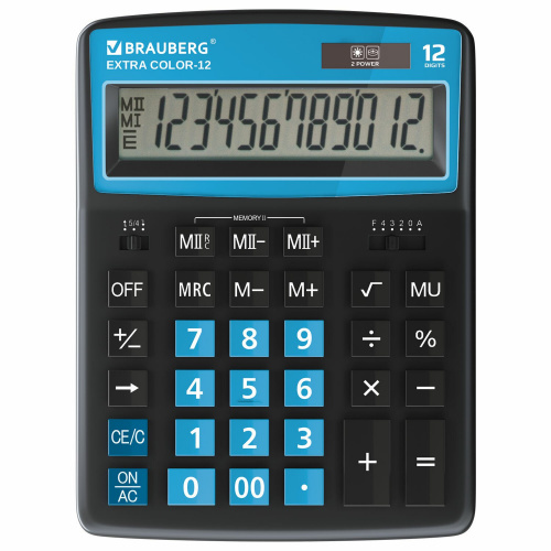 Калькулятор настольный BRAUBERG, 206x155 мм, 12 разрядов, двойное питание, черно-голубой