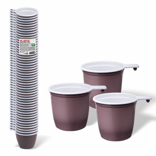 Чашка одноразовая для чая и кофе LAIMA, 200 мл, 50 шт., пластик, бело-коричневые фото 2
