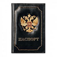 Обложка для паспорта натуральная кожа шик, 3D герб + тиснение "ПАСПОРТ", черная, BRAUBERG