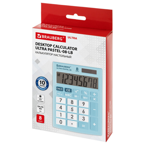 Калькулятор настольный BRAUBERG, 154x115 мм, 8 разрядов, двойное питание, голубой фото 6