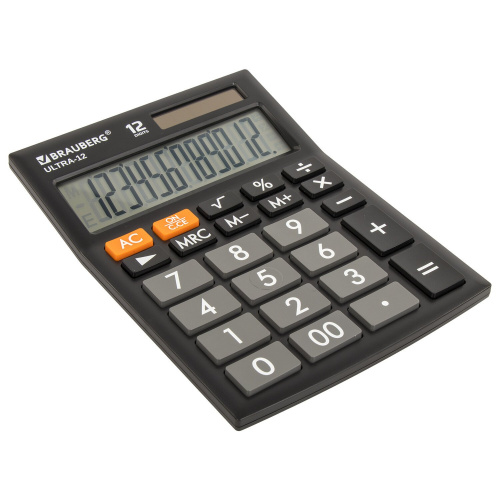Калькулятор настольный BRAUBERG, 192x143 мм, 12 разрядов, двойное питание, черный фото 2