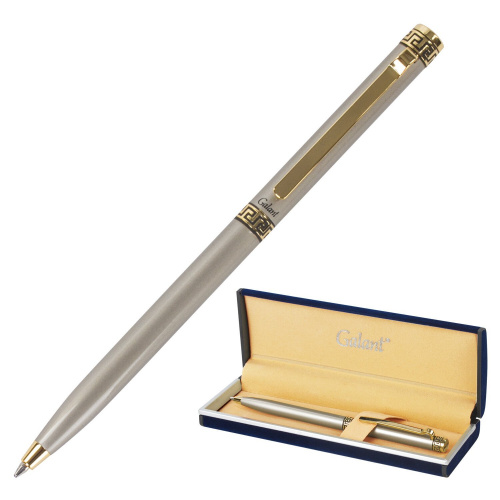 Ручка подарочная шариковая GALANT "Brigitte", тонкий корпус, серебристый, золотистые детали, синяя