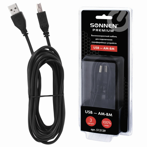 Кабель SONNEN Premium, USB 2.0 AM-BM, 3 м, медь, для периферии, экранированный, черный фото 2