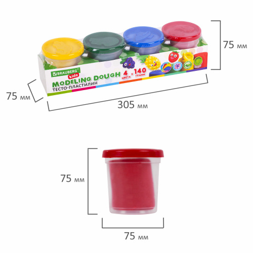 Пластилин-тесто для лепки BRAUBERG KIDS, 4 цвета, 560 г, яркие классические цвета, крышки-штампики фото 6