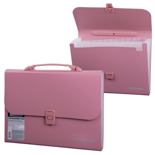 Папка-портфель пластиковая BRAUBERG, А4, 13 отделений, розовая