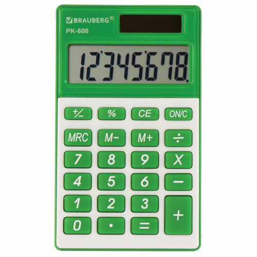 Калькулятор карманный BRAUBERG, 107x64 мм, 8 разрядов, двойное питание, зеленый фото 3
