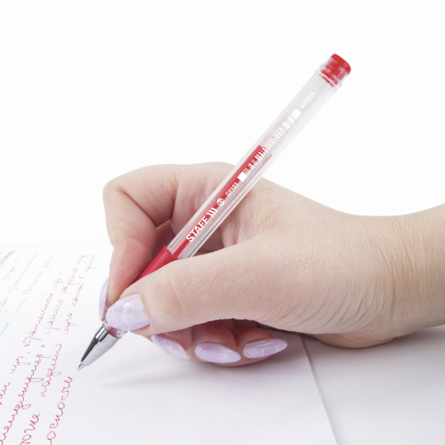 Ручка гелевая с грипом STAFF "EVERYDAY", корпус прозрачный, линия письма 0,35 мм, красная фото 9