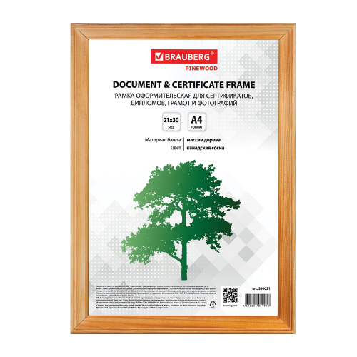 Рамка BRAUBERG "HIT", 21х30 см, дерево, багет 18 мм, канадская сосна, стекло