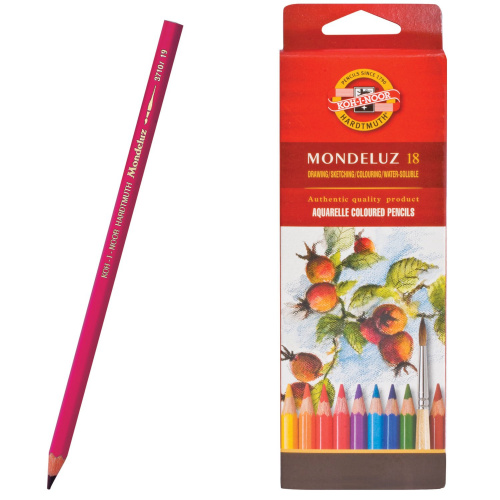 Карандаши цветные акварельные художественные KOH-I-NOOR "Mondeluz", 18 цветов, 3,8 мм, заточенные