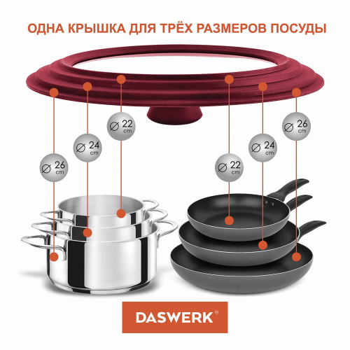 Крышка для любой сковороды и кастрюли DASWERK, 22-24-26 см, антрацит, универсальная, бордовая фото 2
