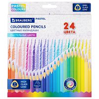 Карандаши цветные BRAUBERG PASTEL, 24 пастельных цвета, грифель 3 мм, трёхгранные