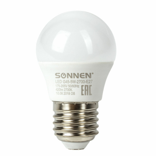 Лампа светодиодная SONNEN, 5 (40) Вт, цоколь E27, шар, теплый белый свет, 30000 ч фото 2