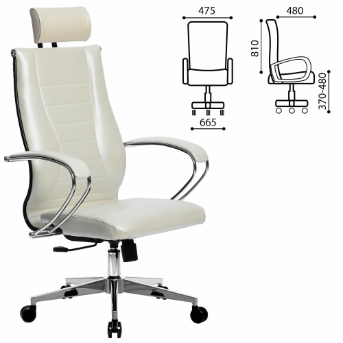 Кресло офисное МЕТТА "К-34" хром, рецик. кожа, подголовник, сиденье и спинка мягкие, белое фото 6