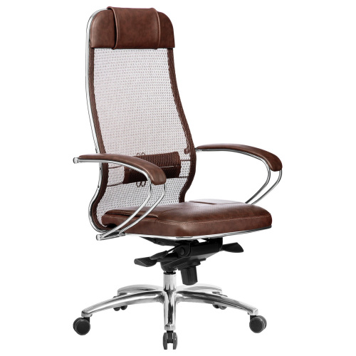 Кресло офисное МЕТТА "SAMURAI" SL-1.04, сверхпрочная ткань-сетка/кожа, темно-коричневое фото 2