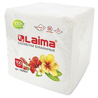 Салфетки бумажные LAIMA, 100 шт., 24х24 см, белые, 100% целлюлоза