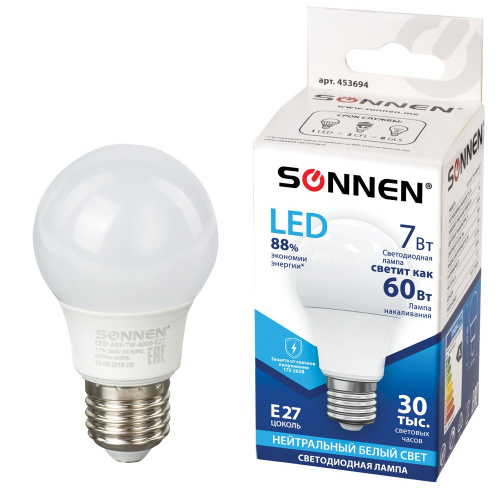 Лампа светодиодная SONNEN, 7 (60) Вт, цоколь Е27, груша, нейтральный белый свет, 30000 ч фото 3