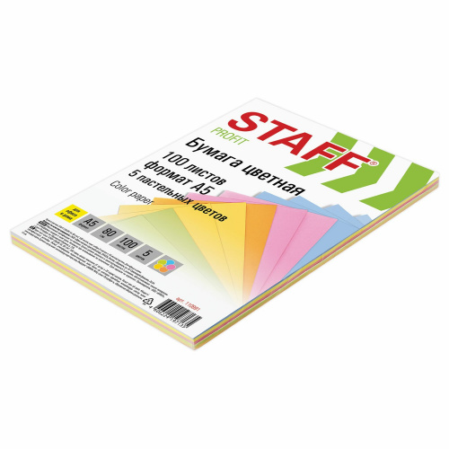Бумага цветная STAFF, А5, 148х210 мм, А5, 80 г/м2, 100 л., цветная пастель фото 4