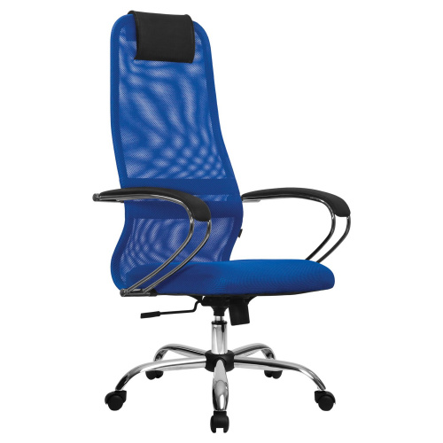 Кресло офисное МЕТТА "SU-B-8" хром, ткань-сетка, сиденье мягкое, синее фото 3