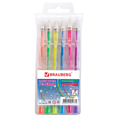 Ручки гелевые BRAUBERG "Jet", 6 цветов, неоновые, узел 0,7 мм, линия письма 0,5 мм