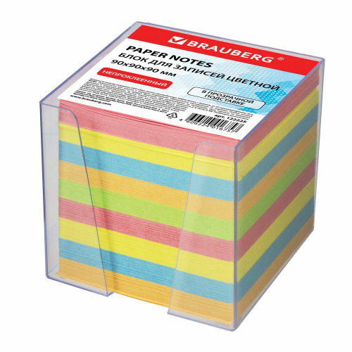 Блок для записей BRAUBERG в подставке прозрачной, куб 9х9х9 см, цветной