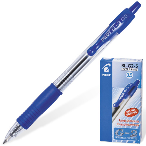 Ручка гелевая автоматическая с грипом PILOT G-2, корпус прозрачный, линия письма 0,3 мм, синяя
