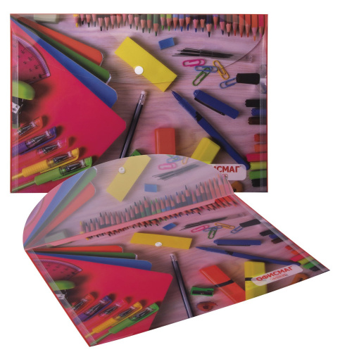 Папка-конверт с кнопкой ОФИСМАГ, А4, 160 мкм, до 100 листов, цветная печать фото 2
