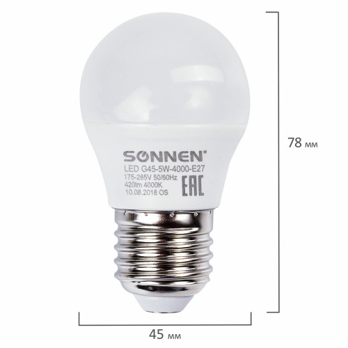 Лампа светодиодная SONNEN, 5 (40) Вт, цоколь E27, шар, холодный белый свет, 30000 ч фото 3