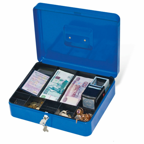 Ящик для денег, ценностей, документов, печатей BRAUBERG, 90х240х300 мм, ключевой замок, синий фото 2