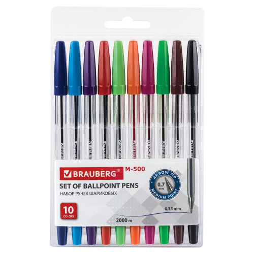 Ручки шариковые BRAUBERG "M-500", 10 цветов, ассорти, линия письма 0,35 мм