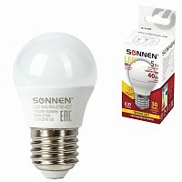 Лампа светодиодная SONNEN, 5 (40) Вт, цоколь E27, шар, теплый белый свет, 30000 ч
