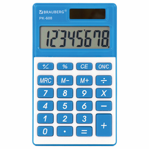 Калькулятор карманный BRAUBERG, 107x64 мм, 8 разрядов, двойное питание, синий фото 10