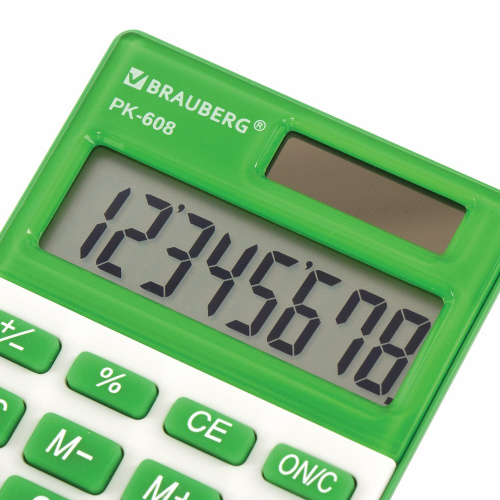 Калькулятор карманный BRAUBERG, 107x64 мм, 8 разрядов, двойное питание, зеленый фото 9