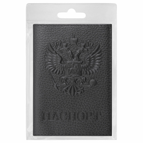 Обложка для паспорта BRAUBERG  "Герб", натуральная кожа, флоттер, черная фото 3