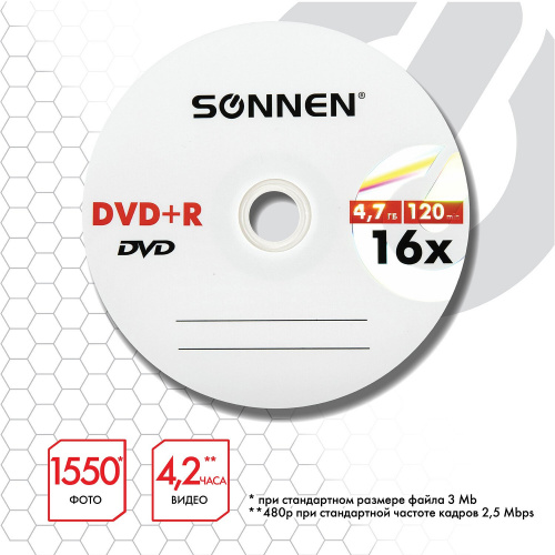 Диски DVD+R SONNEN, 4,7 Gb, 16x, 25 шт. фото 4