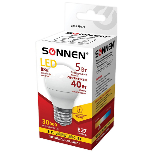 Лампа светодиодная SONNEN, 5 (40) Вт, цоколь E27, шар, теплый белый свет, 30000 ч фото 3