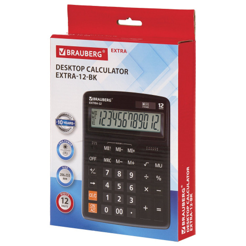 Калькулятор настольный BRAUBERG, 206x155 мм, 12 разрядов, двойное питание, черный фото 8