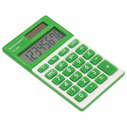 Калькулятор карманный BRAUBERG, 107x64 мм, 8 разрядов, двойное питание, зеленый фото 8