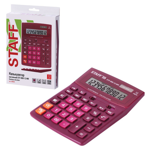 Калькулятор настольный STAFF, 200х150 мм, 12 разрядов, двойное питание, бордовый фото 3