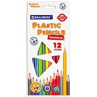 Карандаши цветные пластиковые BRAUBERG PREMIUM, 12 цветов, трехгранные, грифель мягкий 3 мм