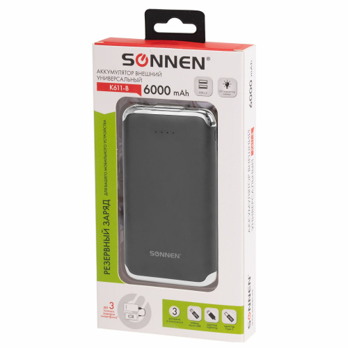 Аккумулятор внешний SONNEN, 2 USB, 6000 mAh, литий-полимерный, черный фото 3