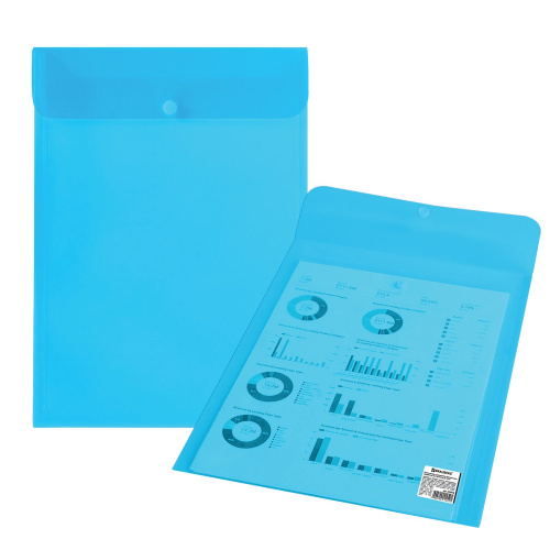 Папка-конверт с кнопкой BRAUBERG, вертикальная, А4, до 100 листов, прозрачная, синяя фото 5