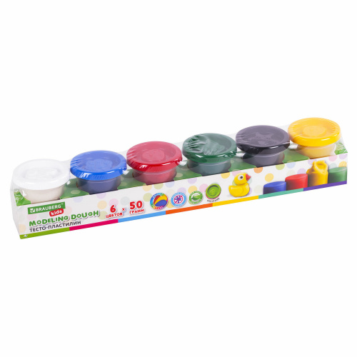 Пластилин-тесто для лепки BRAUBERG KIDS, 6 цветов, 300 г, яркие классические цвета, крышки-штампики фото 3