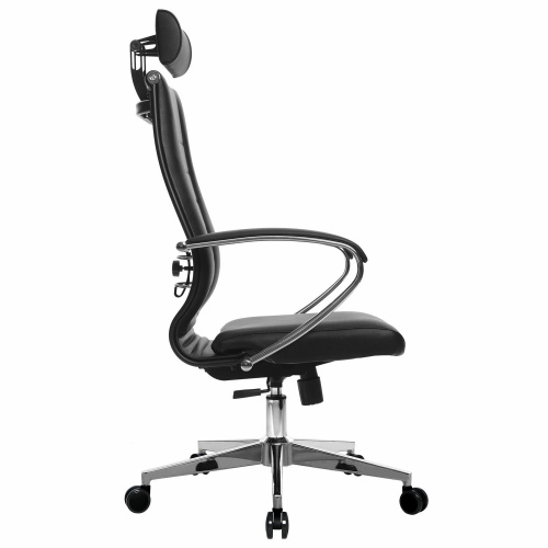 Кресло офисное МЕТТА "К-33" хром, рецик. кожа, подголовник, сиденье и спинка мягкие, черное фото 4