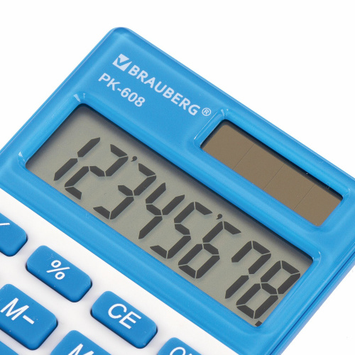 Калькулятор карманный BRAUBERG, 107x64 мм, 8 разрядов, двойное питание, синий фото 7